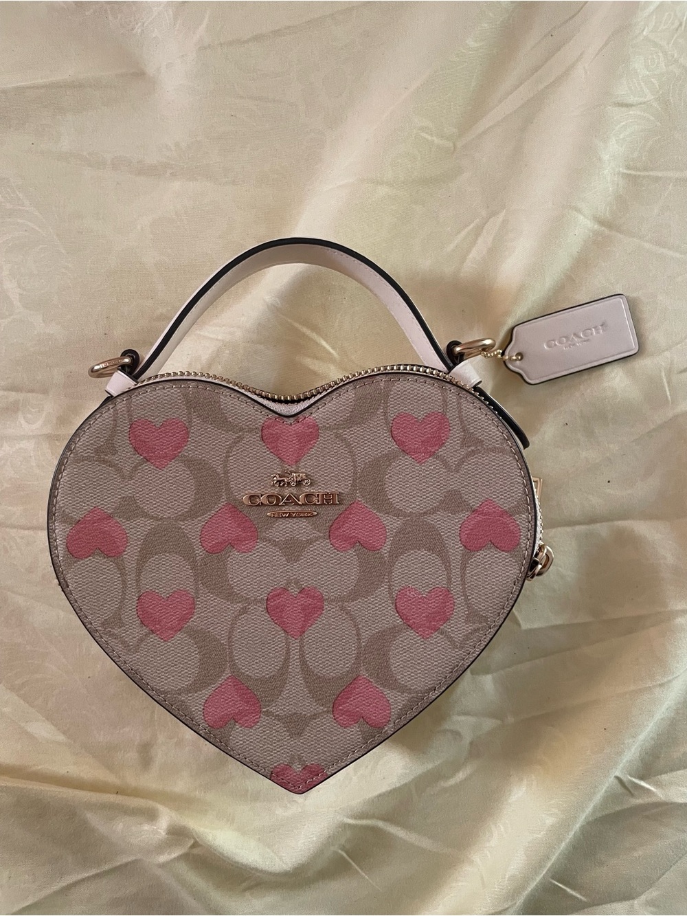 COACH Heart-Shaped Mini Bag in Pink and Beige Signature